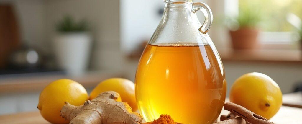 a-clear-glass-bottle-with-apple-cider-vinegar-surrounded-by-ginger-turmeric-cinnamon-sticks-lemons-and-honey-on-a-wooden-kitchen-counter-with-natural-light- - Build Grow Conquer Enjoy Life!