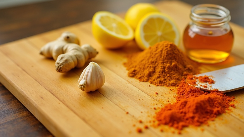 A close-up of the All in One Tonic ingredients: ginger, garlic, lemon, honey, turmeric, and cayenne pepper on a cutting board.