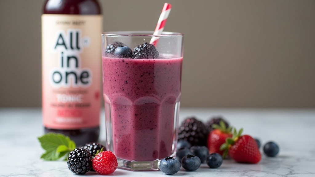 A homemade healthy smoothie made with dark berries, set next to a bottle of All in One Tonic.