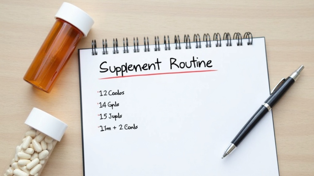 A notepad with a hand-written supplement routine and pen, beside two supplement bottles.