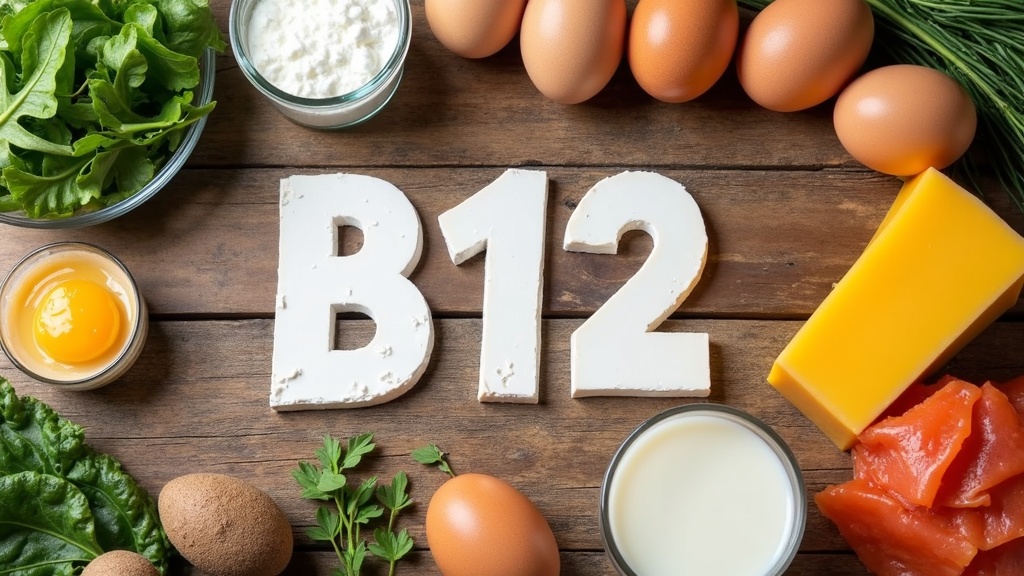 A selection of colorful foods rich in Vitamin B12 arranged on a wooden table, including eggs, dairy products, seafood, and leafy greens.