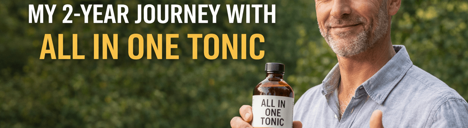Man holding All In One Tonic bottle with headline “Beating erectile dysfunction naturally”