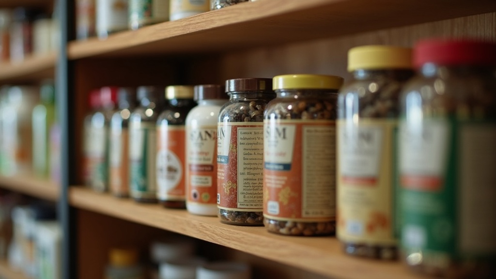 Blurry shot of a health supplement shop shelf with various herbal jars and bottles.