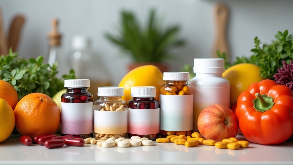 Colorful assortment of multivitamin tablets and supplement bottles, arranged neatly on a kitchen counter, surrounded by fresh fruits and vegetables.