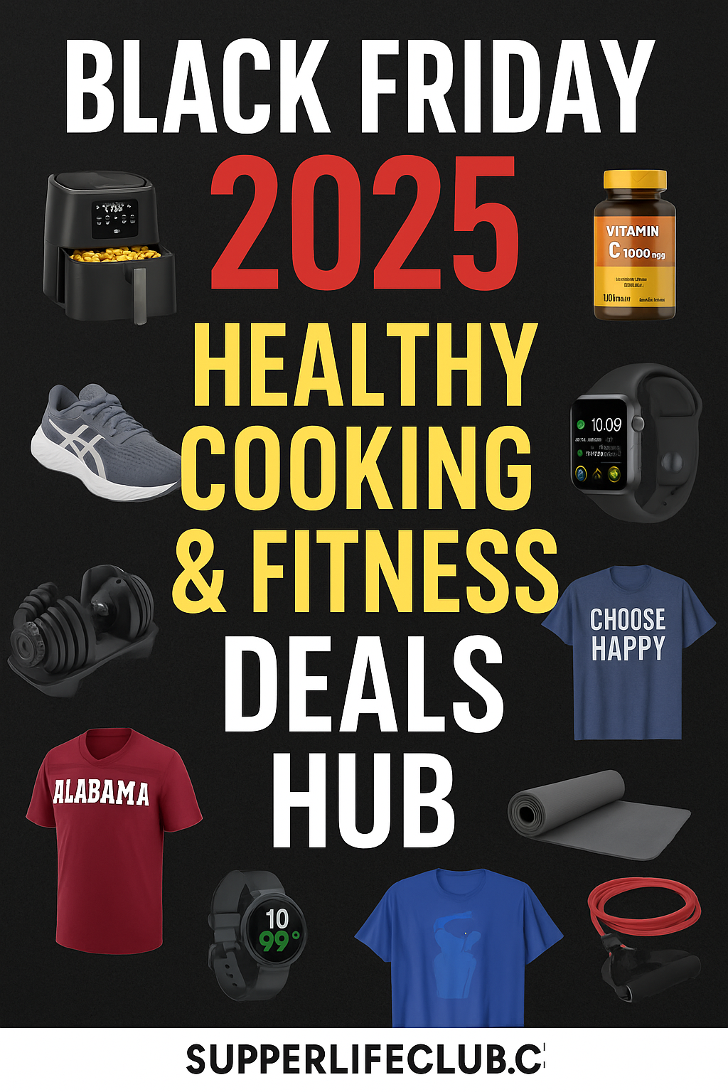 Black Friday 2025 graphic featuring an air fryer, blender, running shoes, smartwatches, vitamins, workout gear, fan shirts, a yoga mat, and a resistance band around bold sale text.