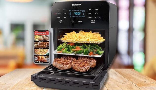 Black NuWave Brio 15.5-quart air fryer rotisserie oven with digital display and included cooking accessories.