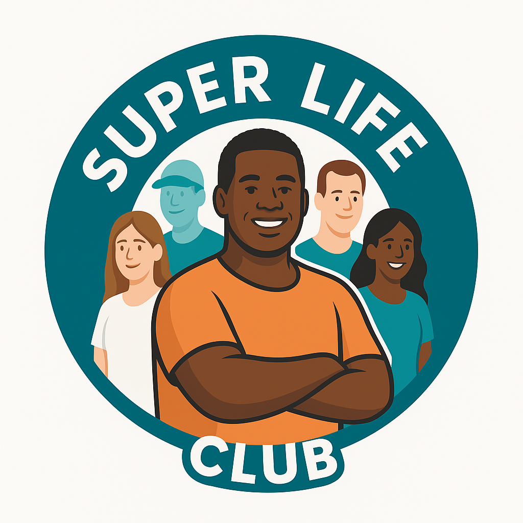 Circular Super Life Club logo showing a smiling Black man in an orange shirt surrounded by a diverse group of people, with the words “SUPER LIFE CLUB” around the circle.