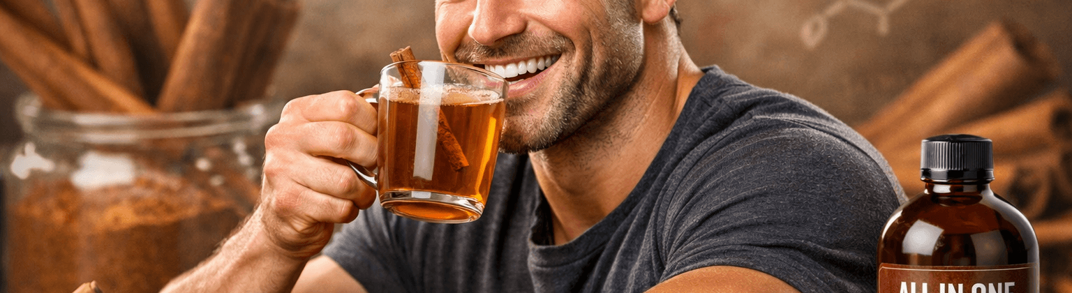 Smiling man holding a warm cinnamon drink with All in One Tonic bottle and cinnamon sticks for men’s health and wellness.