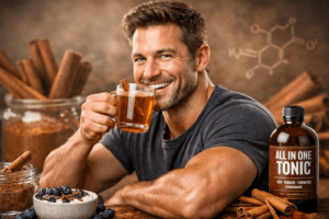 Smiling man holding a warm cinnamon drink with All in One Tonic bottle and cinnamon sticks for men’s health and wellness.