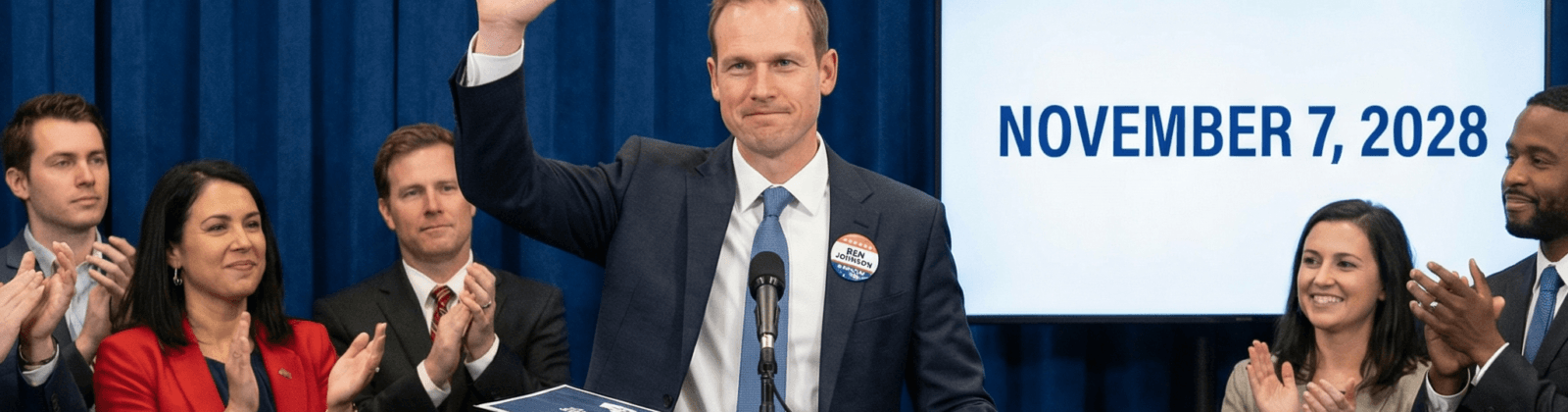 Satirical press conference scene with a man at a podium under a banner reading “Ben Johnson 2028: Go for Two,” with “Quits Coaching” sign and “November 7, 2028” on screen.