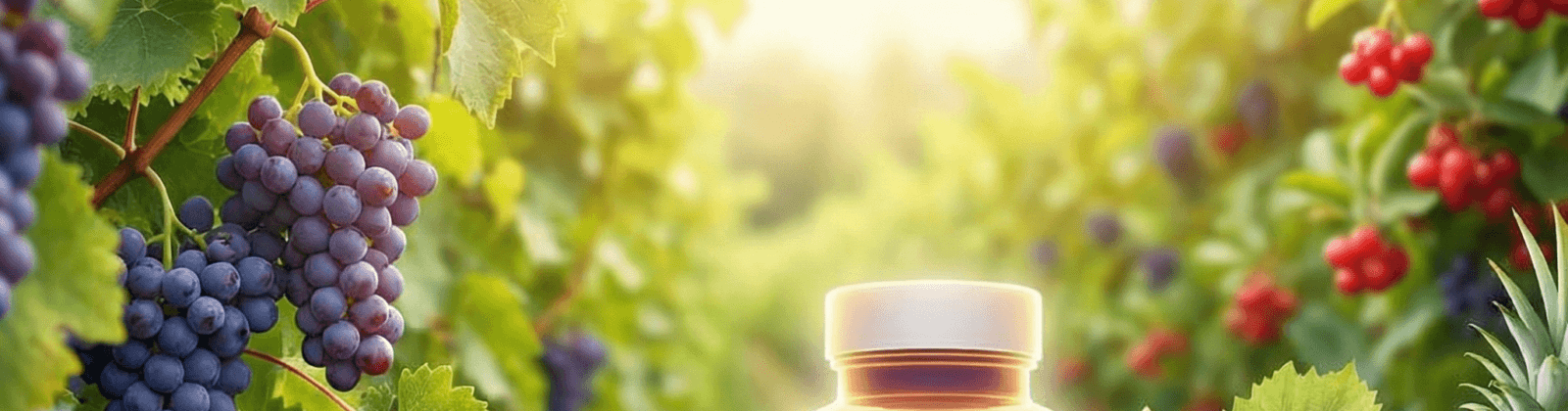 OPC-3 Super Antioxidant supplement bottle with grapes and berries in a sunny vineyard – blog review image