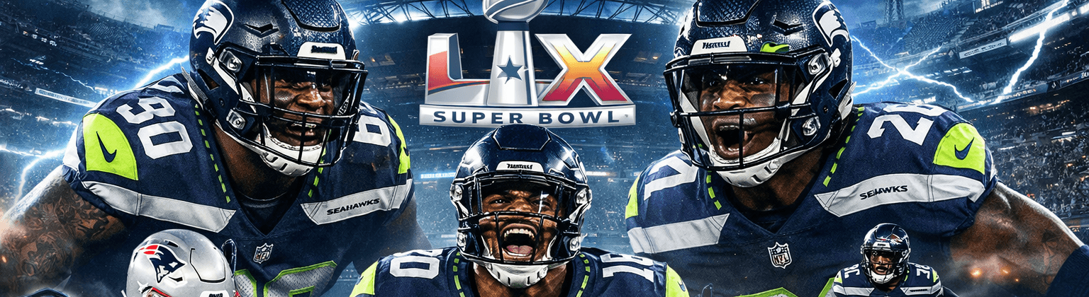 Seahawks defense “Lights Out in Seattle” banner vs Patriots in Super Bowl 60