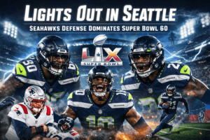 Seahawks defense “Lights Out in Seattle” banner vs Patriots in Super Bowl 60