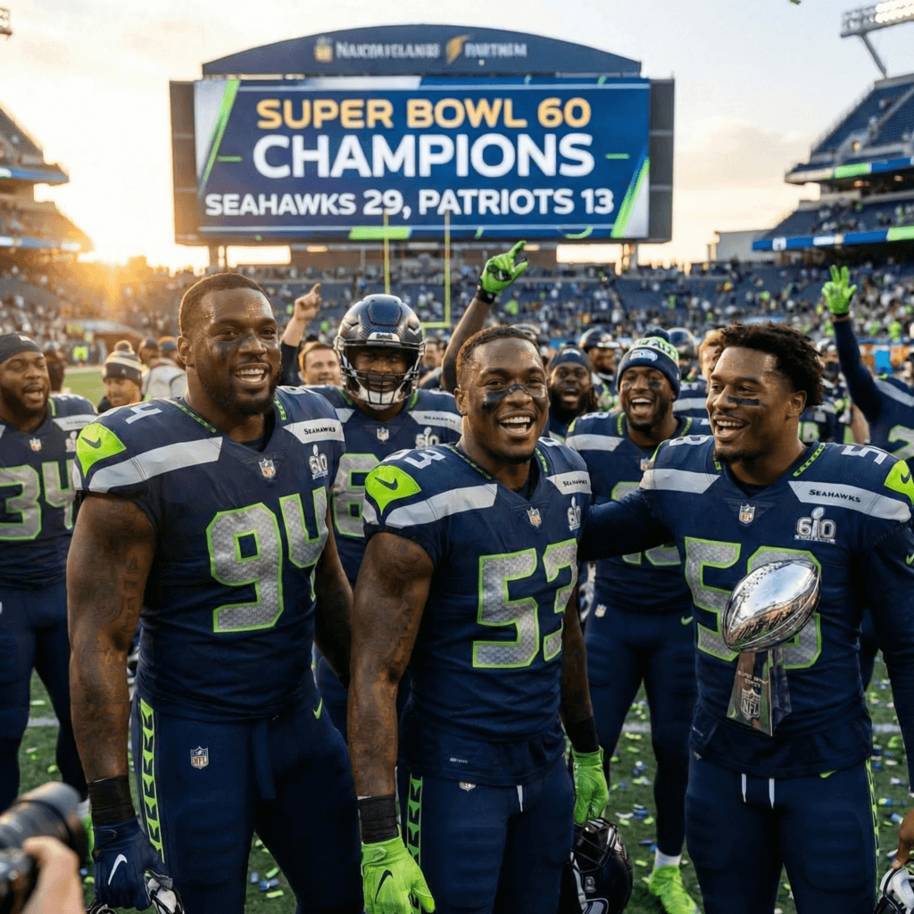 Seattle Seahawks celebrate Super Bowl 60 win, scoreboard shows Seahawks 29, Patriots 13