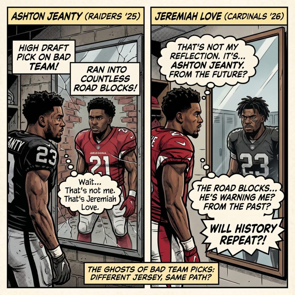 Comic-book meme comparing Ashton Jeanty of the 2025 Las Vegas Raiders and Jeremiyah Love of the 2026 Arizona Cardinals as mirror reflections, asking if NFL draft history is about to repeat itself
