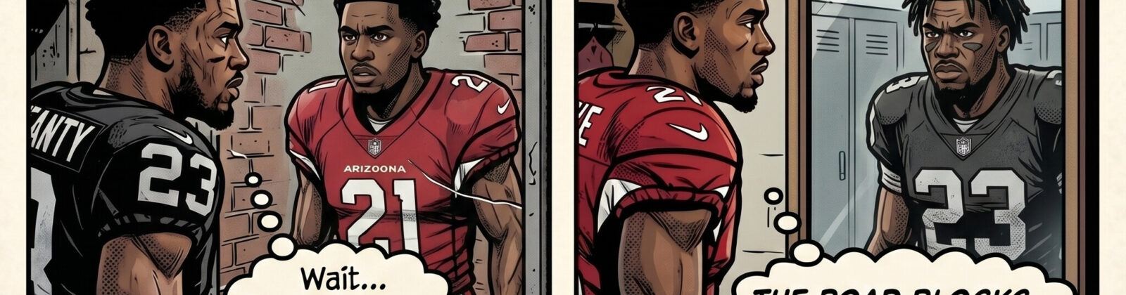Comic-book meme comparing Ashton Jeanty of the 2025 Las Vegas Raiders and Jeremiyah Love of the 2026 Arizona Cardinals as mirror reflections, asking if NFL draft history is about to repeat itself