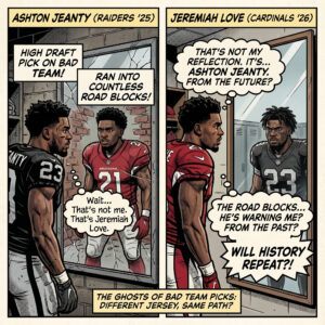 Comic-book meme comparing Ashton Jeanty of the 2025 Las Vegas Raiders and Jeremiyah Love of the 2026 Arizona Cardinals as mirror reflections, asking if NFL draft history is about to repeat itself