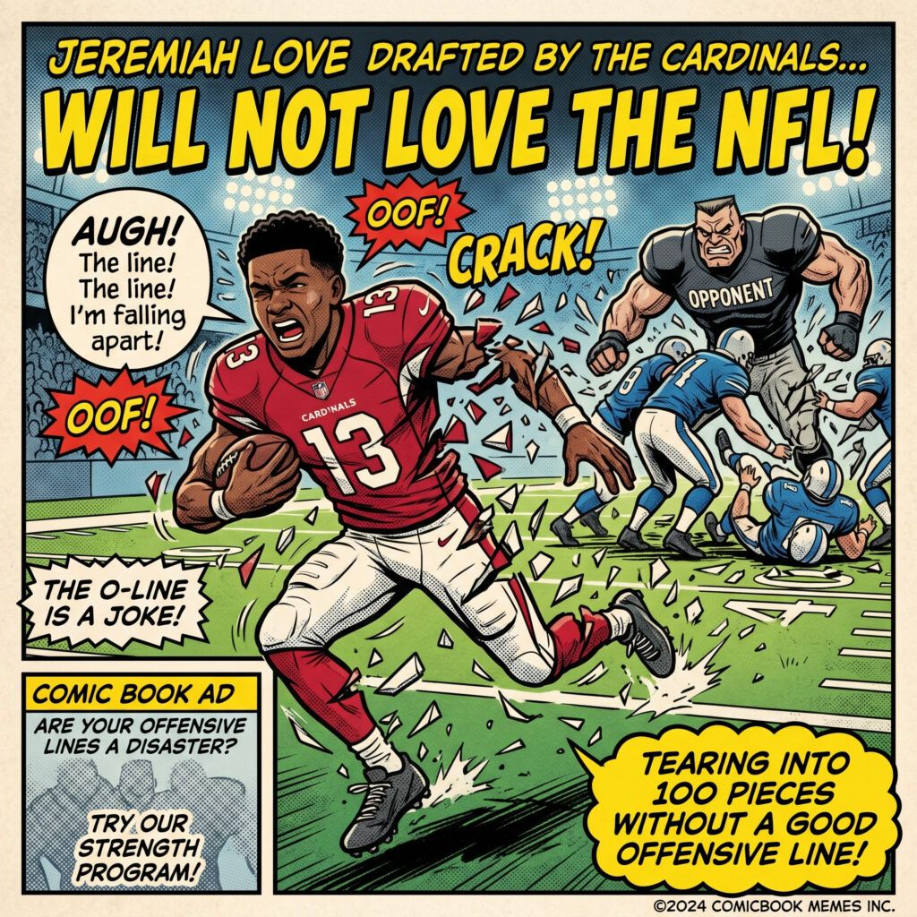 Comic-book meme showing Jeremiyah Love in a Cardinals jersey being hit by defenders with OOF and CRACK sound effects, captioned Jeremiyah Love drafted by the Cardinals will not love the NFL and tearing into 100 pieces without a good offensive line