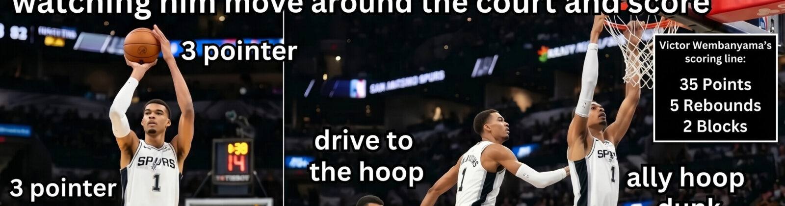 Four-panel meme: top panel shows a skeptical fan with 'Wemby is boring, too tall and awkward' text; bottom panels show Victor Wembanyama hitting three-pointers, driving, and throwing down an alley-oop dunk with his 35-point, 5-rebound, 2-block playoff debut stat line.