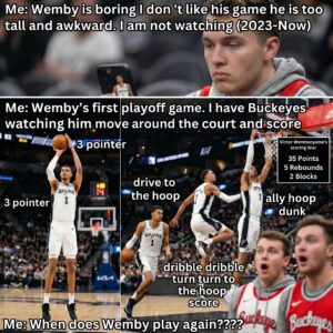 Four-panel meme: top panel shows a skeptical fan with 'Wemby is boring, too tall and awkward' text; bottom panels show Victor Wembanyama hitting three-pointers, driving, and throwing down an alley-oop dunk with his 35-point, 5-rebound, 2-block playoff debut stat line.