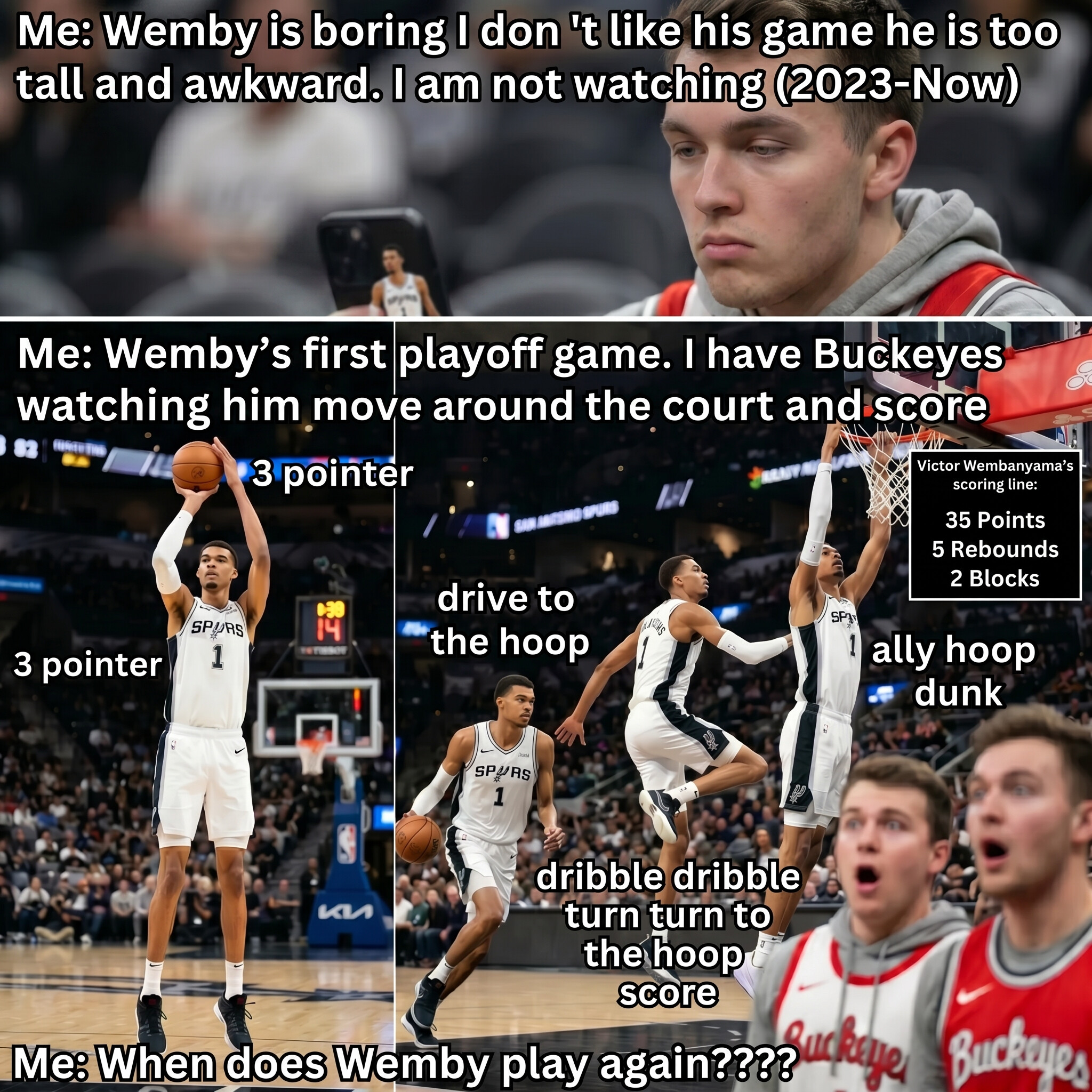 Four-panel meme: top panel shows a skeptical fan with 'Wemby is boring, too tall and awkward' text; bottom panels show Victor Wembanyama hitting three-pointers, driving, and throwing down an alley-oop dunk with his 35-point, 5-rebound, 2-block playoff debut stat line.