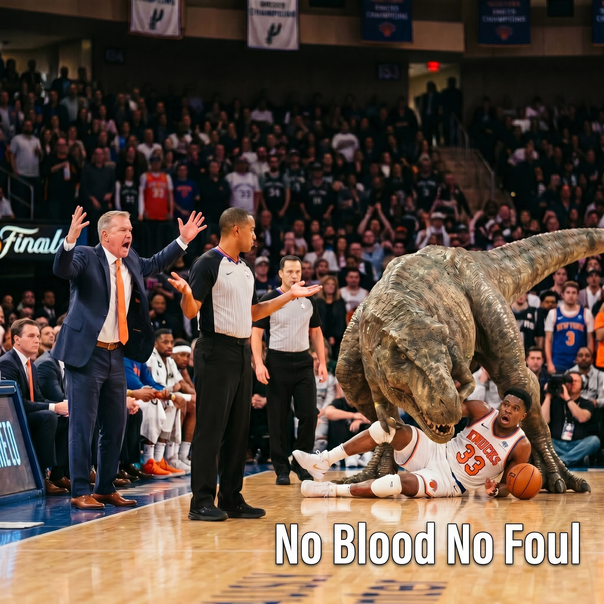 A T-rex tackles a Knicks player wearing number 33 as the referee shrugs, captioned 'No Blood No Foul'