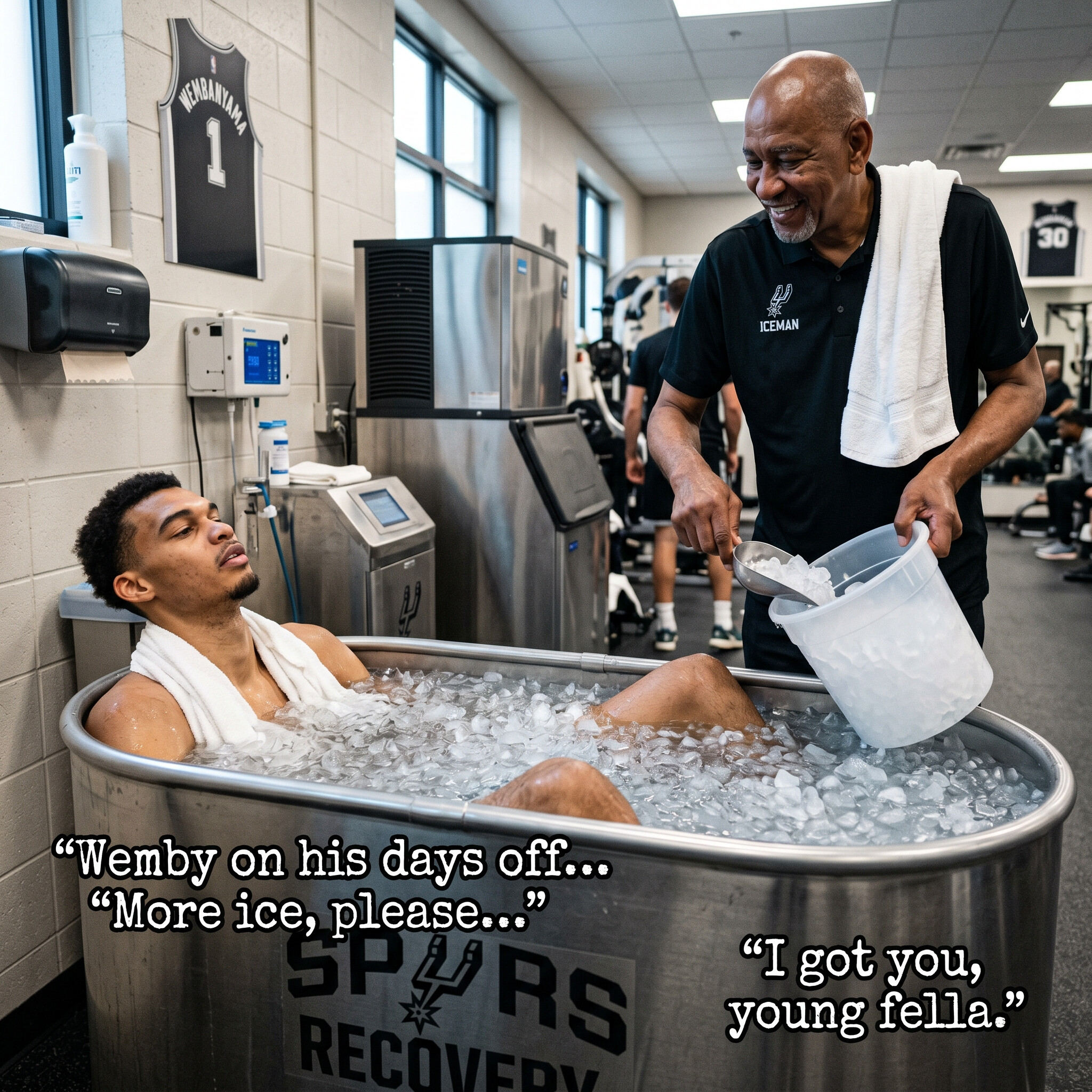 Victor Wembanyama sitting in an ice bath asking for more ice while a Spurs trainer pours in a bucket of ice