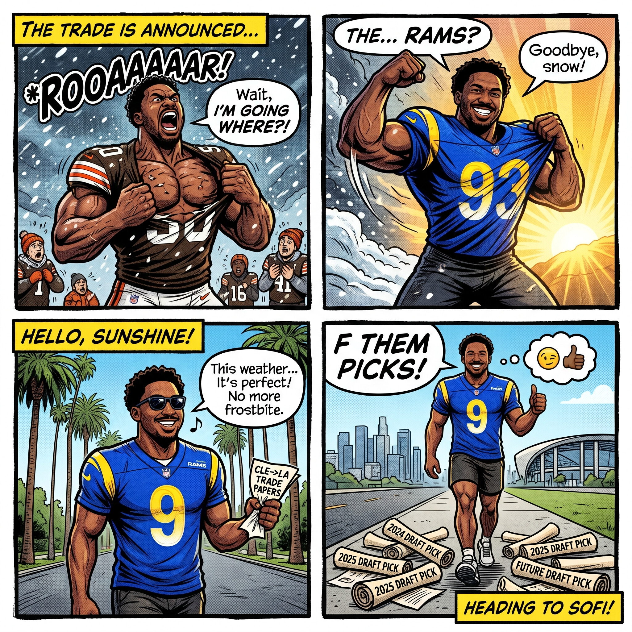 Comic meme of Myles Garrett trading his Cleveland jersey for an L.A. uniform under sunny skies