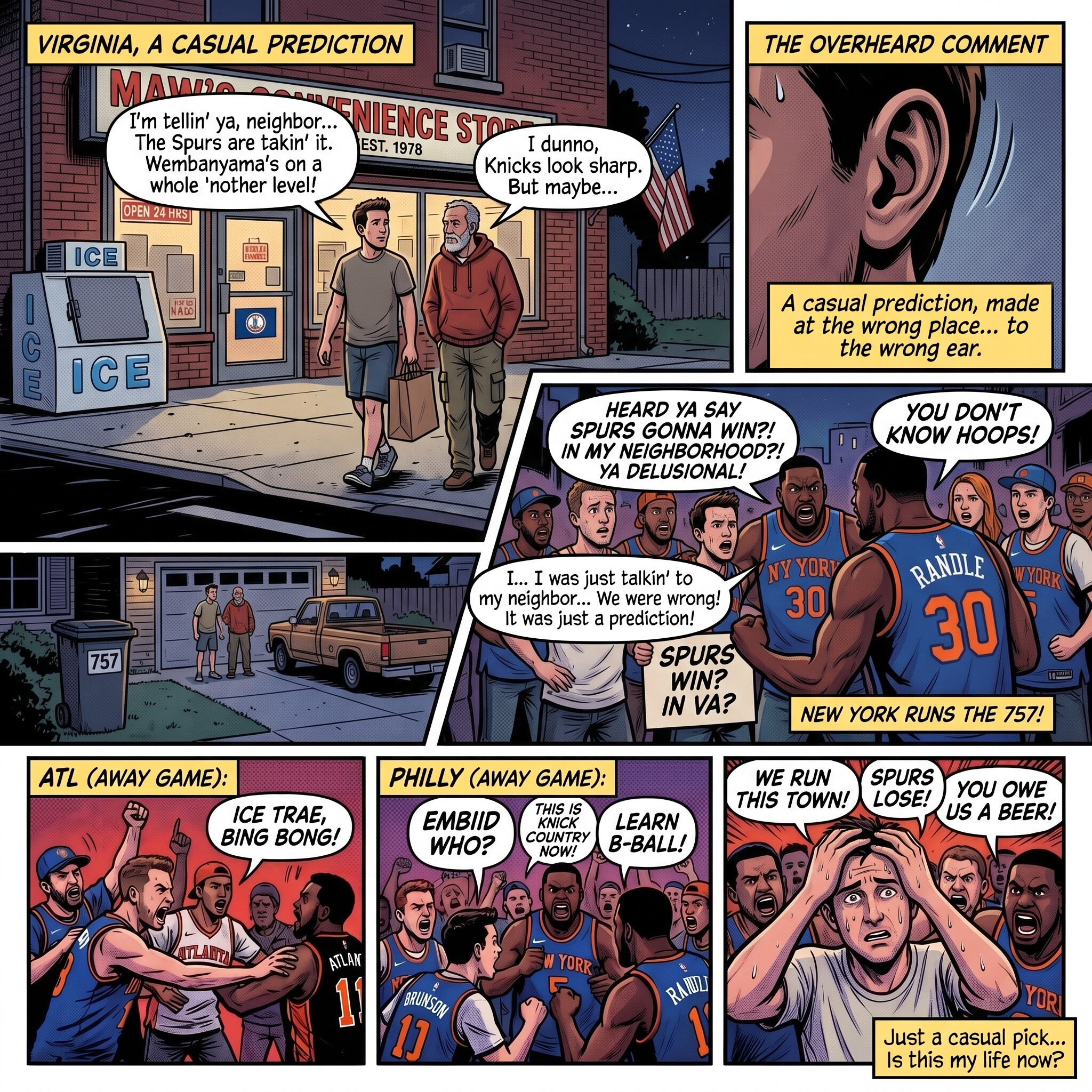 Comic strip of a Virginia man whose casual Spurs prediction gets him mobbed by Knicks fans who 'run the 757'