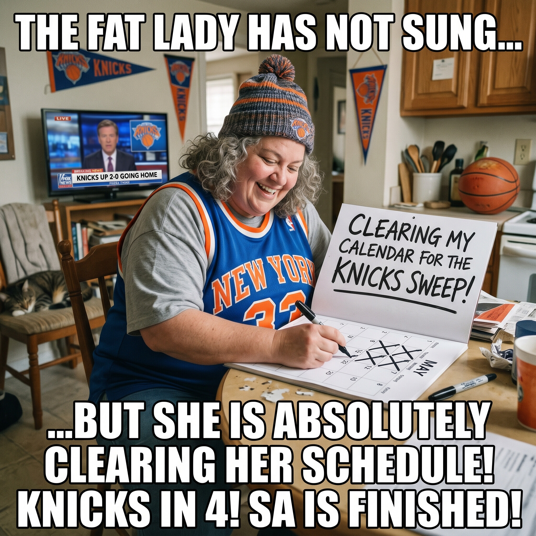 Knicks superfan in a jersey and beanie crossing out dates on a May calendar, clearing her schedule for a Knicks sweep