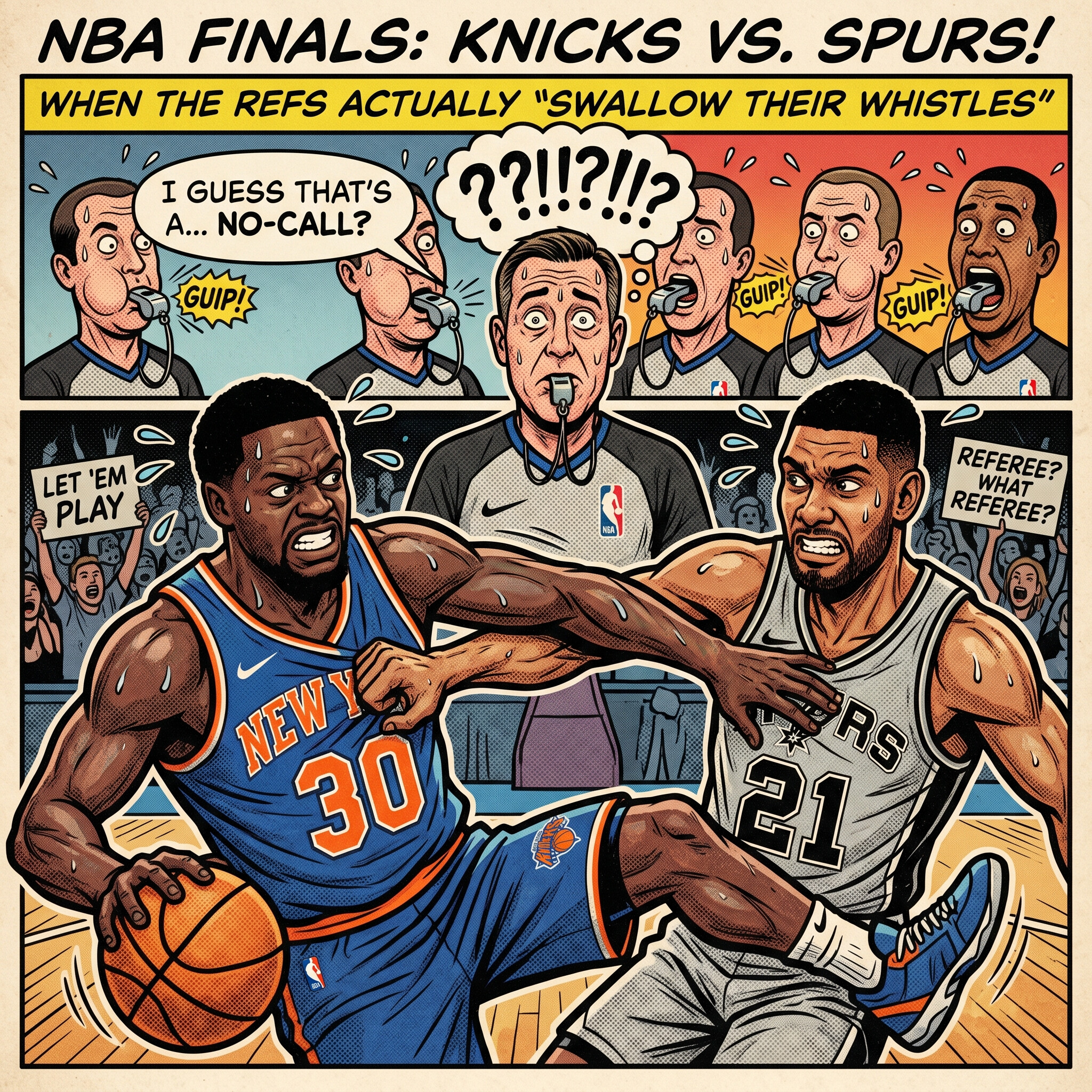 Comic of the Knicks vs Spurs NBA Finals showing referees swallowing their whistles on a hard foul, captioned 'Let 'em play'