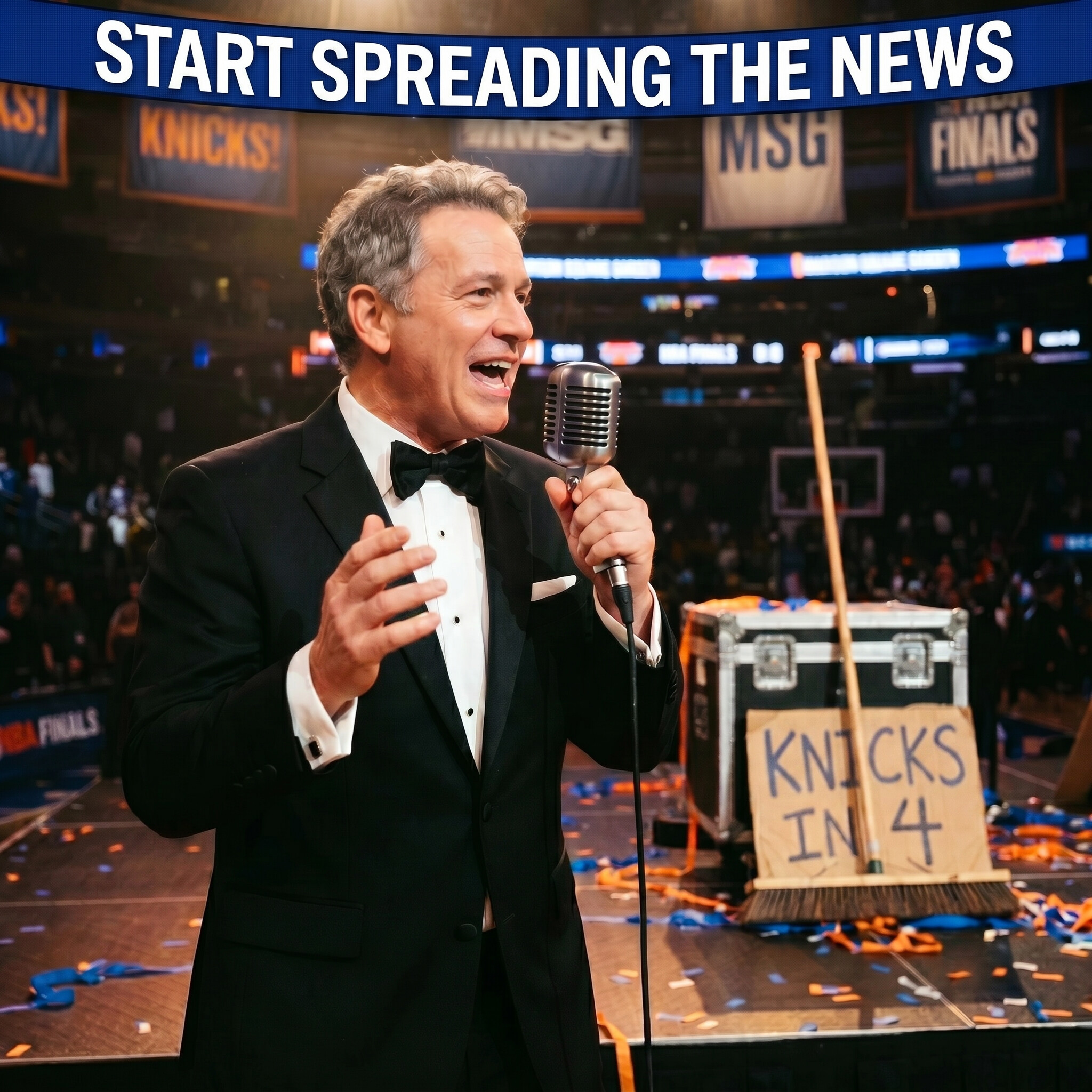 Tuxedoed crooner singing 'Start Spreading the News' at an NBA Finals arena with a 'Knicks in 4' sign propped on a broom
