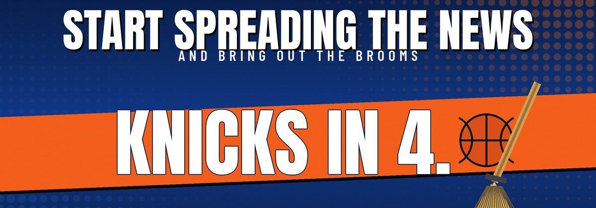 New York tabloid-style banner reading "Start Spreading the News, Knicks in 4," NBA Finals 2026, New York 2 San Antonio 0
